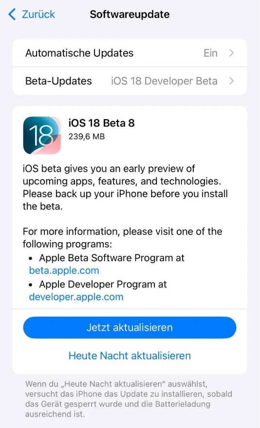 谯城苹果手机维修分享苹果 iOS / iPadOS 18 开发者预览版 Beta 8 发布 